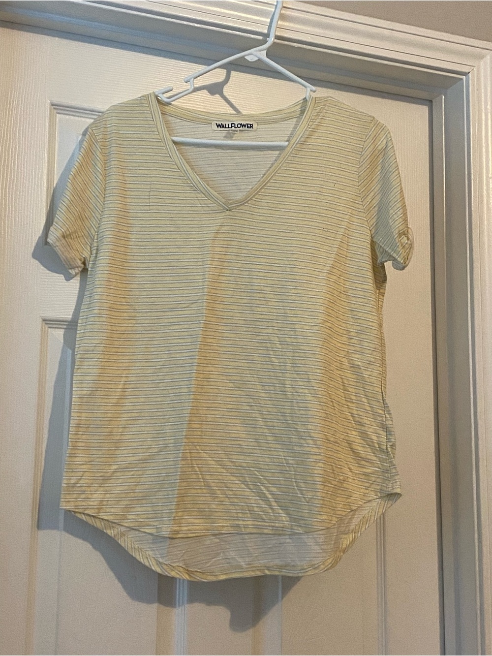 Wallflower Pale Yellow Striped V-Neck Short Sleeve Top